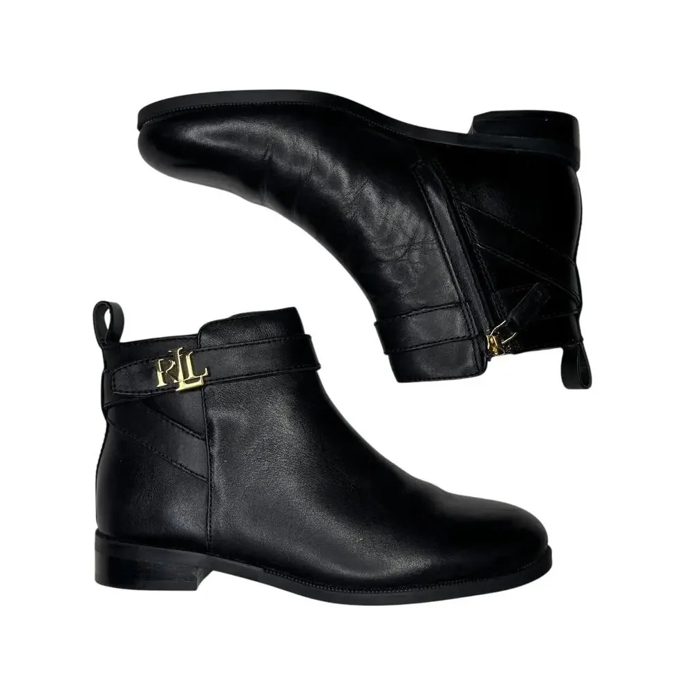 Lauren Ralph Lauren Bonne Black Leather Ankle Boots Size 6B